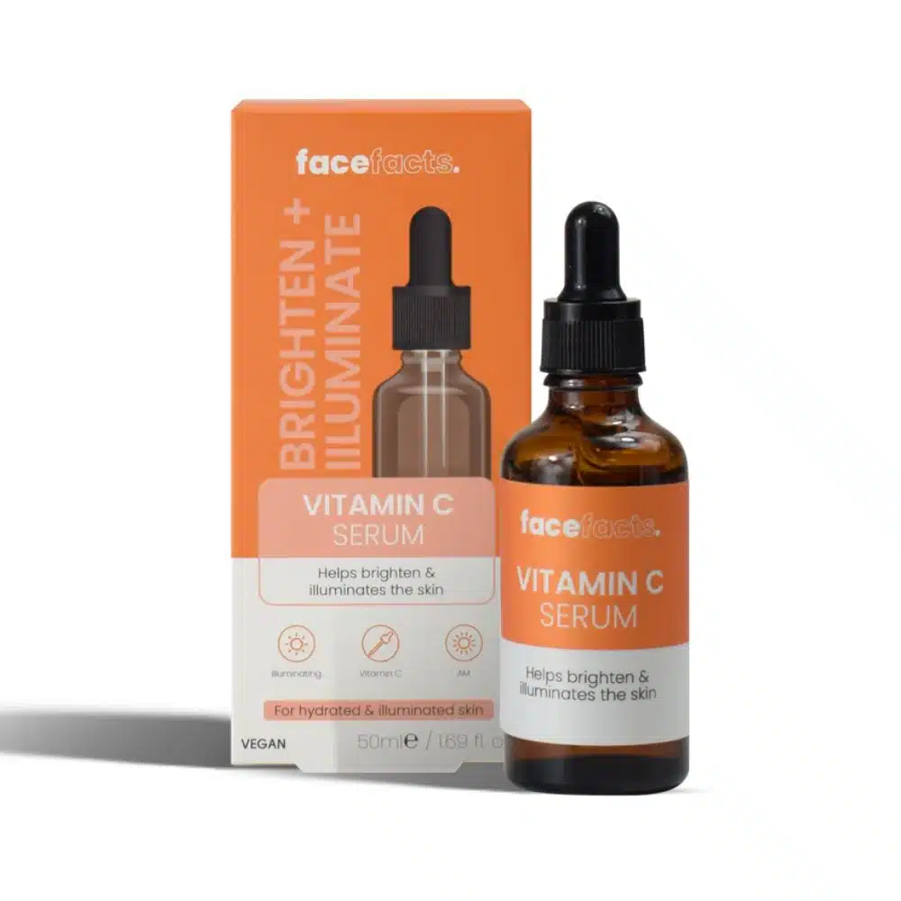 30 ml clear bottle of Face Facts Revive & Brighten Energising Caffeine Serum with white dropper cap and teal‑gold label, standing upright on a pure white background—perfect for lightweight, vegan brightening skincare